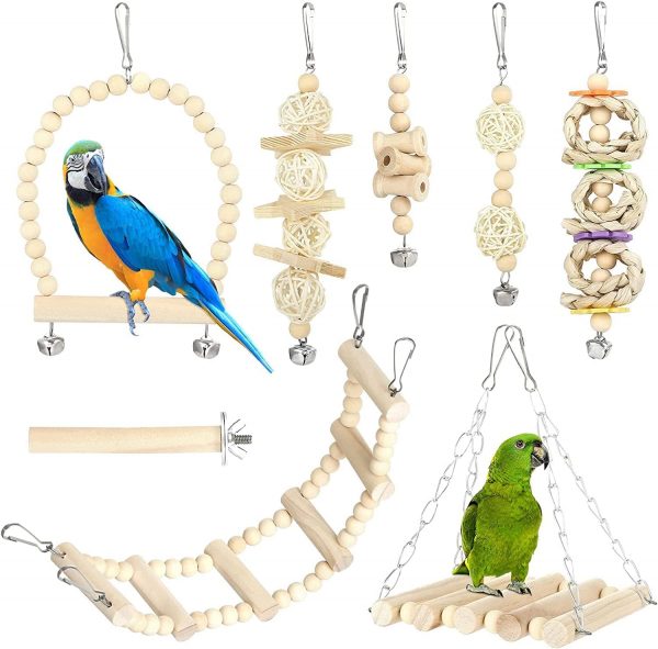 Set de Juguetes para Pájaros - 8 Piezas: Columpios, Masticables y Accesorios para Jaulas de Periquitos, Loros y Cacatúas